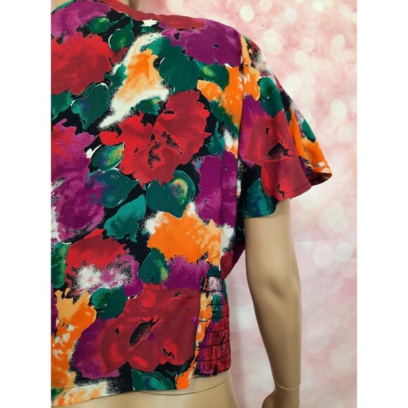 Vintage 80s Carole Little Floral Flutter Sleeve Top Size L Rayon Crepe Faux Wrap - Picture 6 of 11